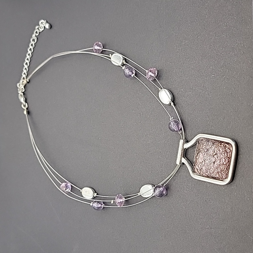 Vintage Purple and Silver Beaded 15 in. Necklace with Purple Pendant